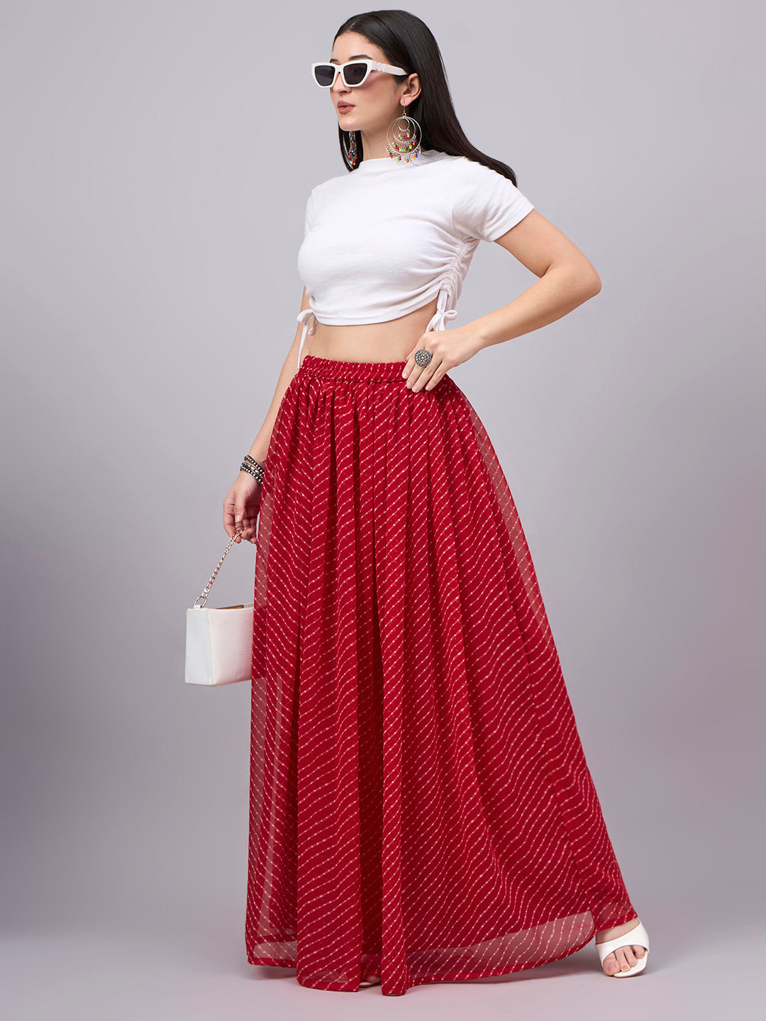 Red Leheriya Poly Georgette Maxi Skirt