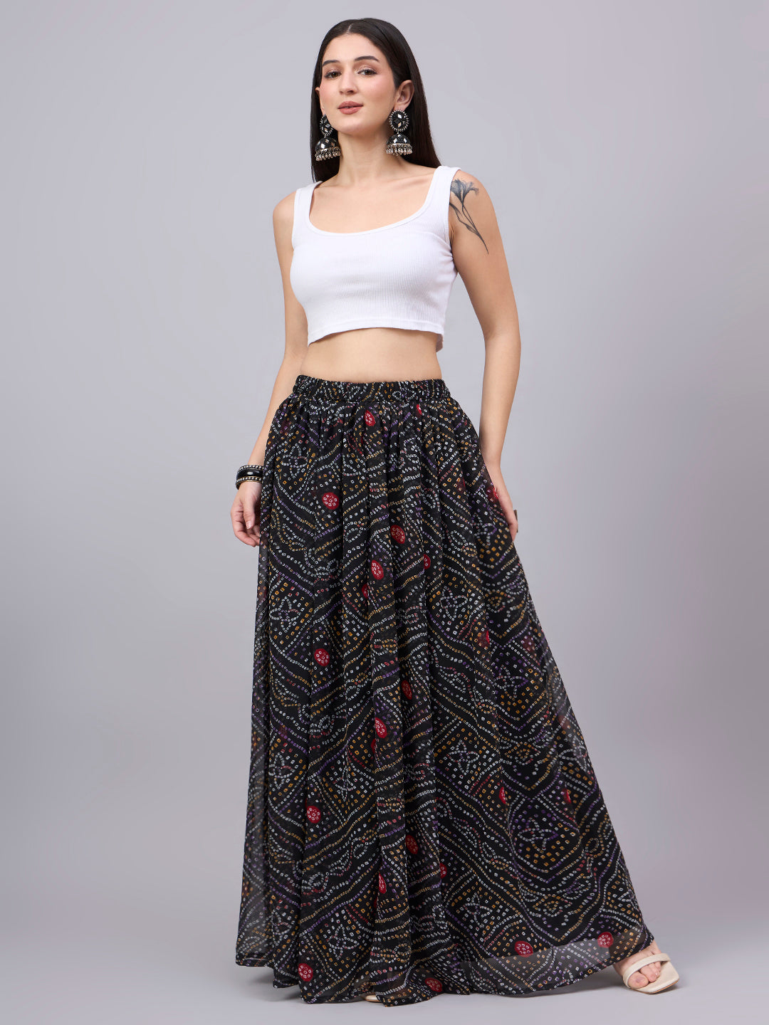 Women's Black Bandhani Print Flowy Lehenga Skirt