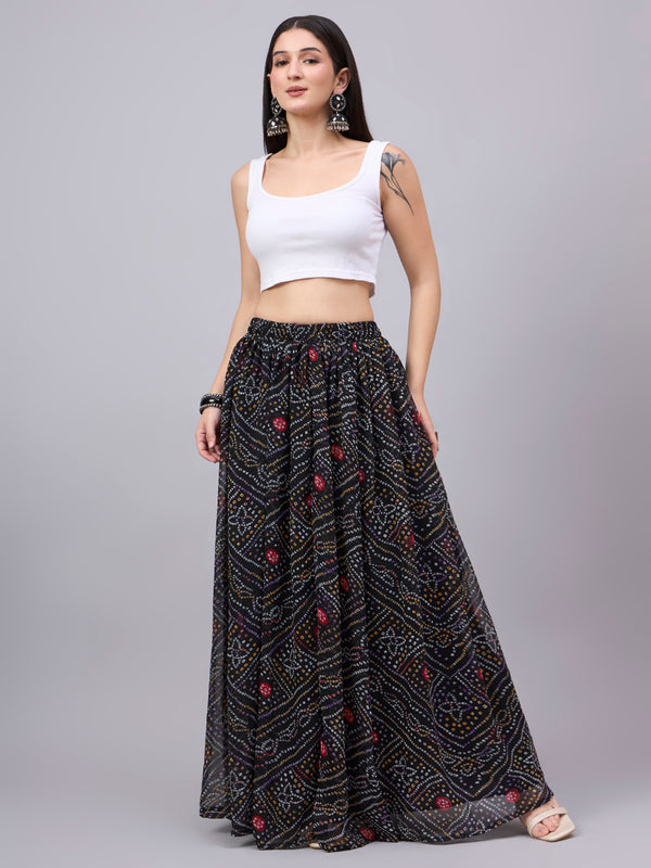 Women's Black Bandhani Print Flowy Lehenga Skirt