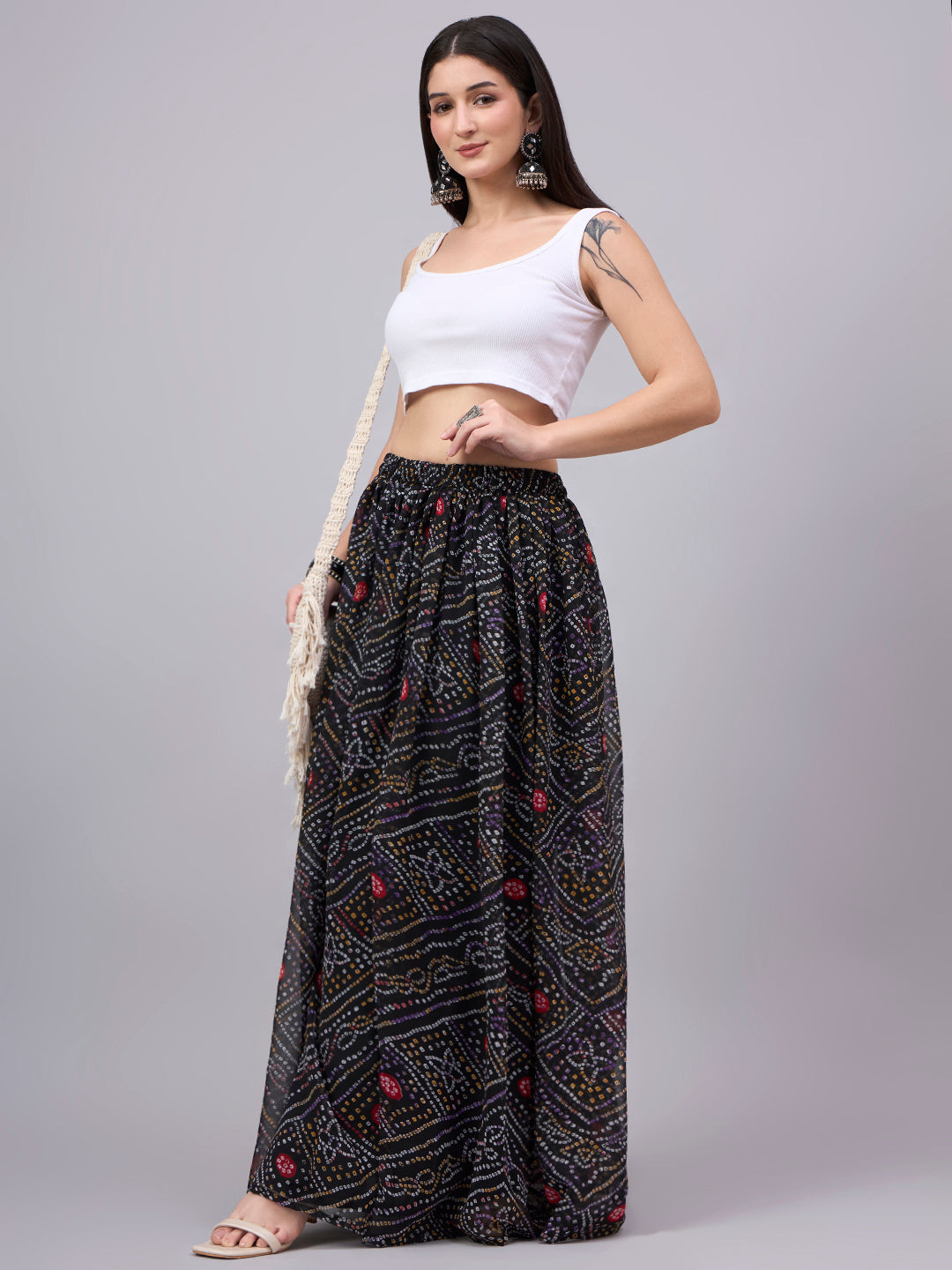 Women's Black Bandhani Print Flowy Lehenga Skirt