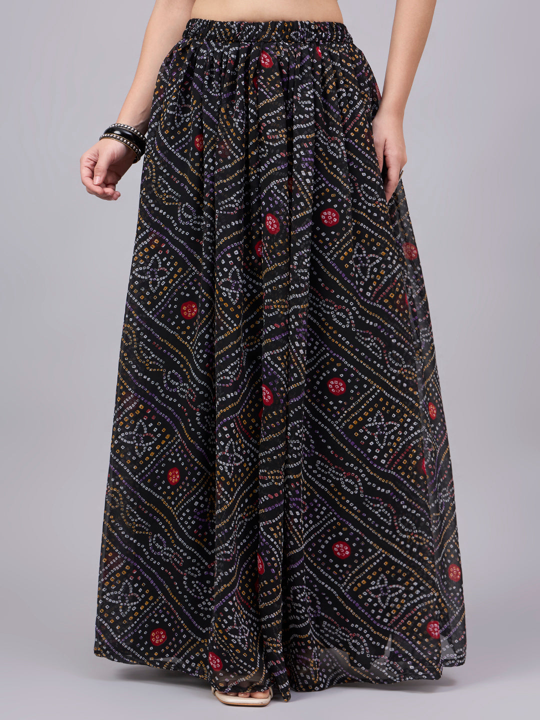 Women's Black Bandhani Print Flowy Lehenga Skirt