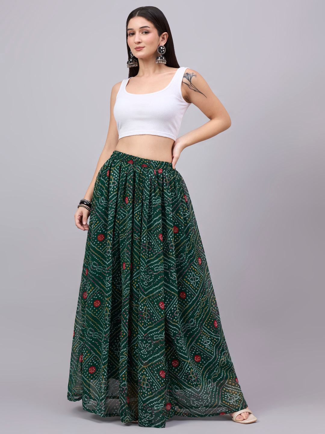 Green Bandhani Print Flowy Lehenga Skirt