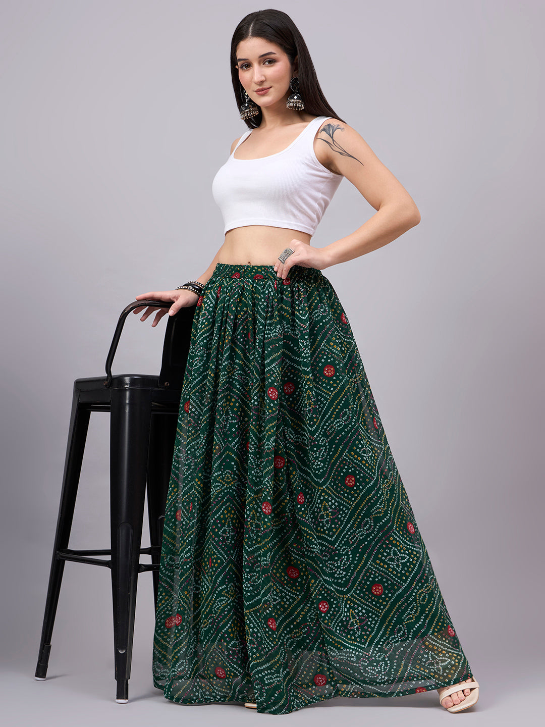 Green Bandhani Print Flowy Lehenga Skirt