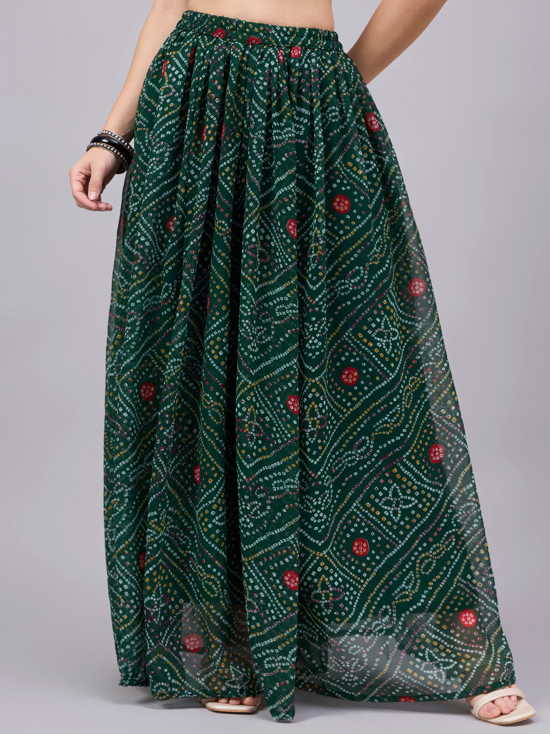 Green Bandhani Print Flowy Lehenga Skirt