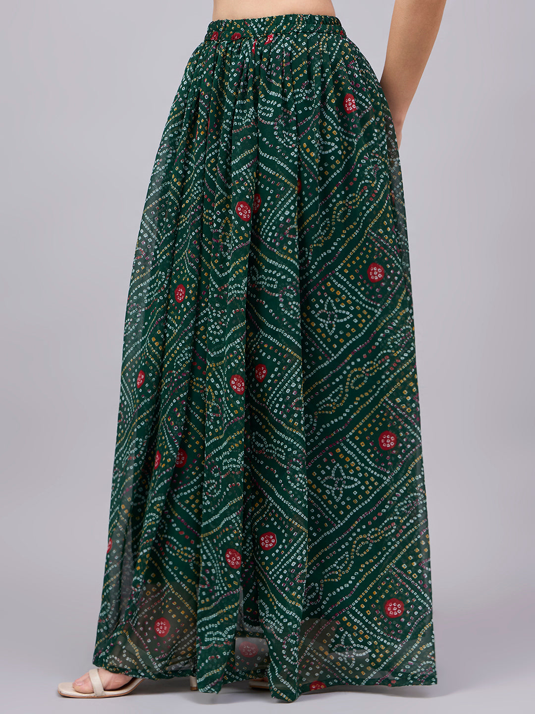 Green Bandhani Print Flowy Lehenga Skirt
