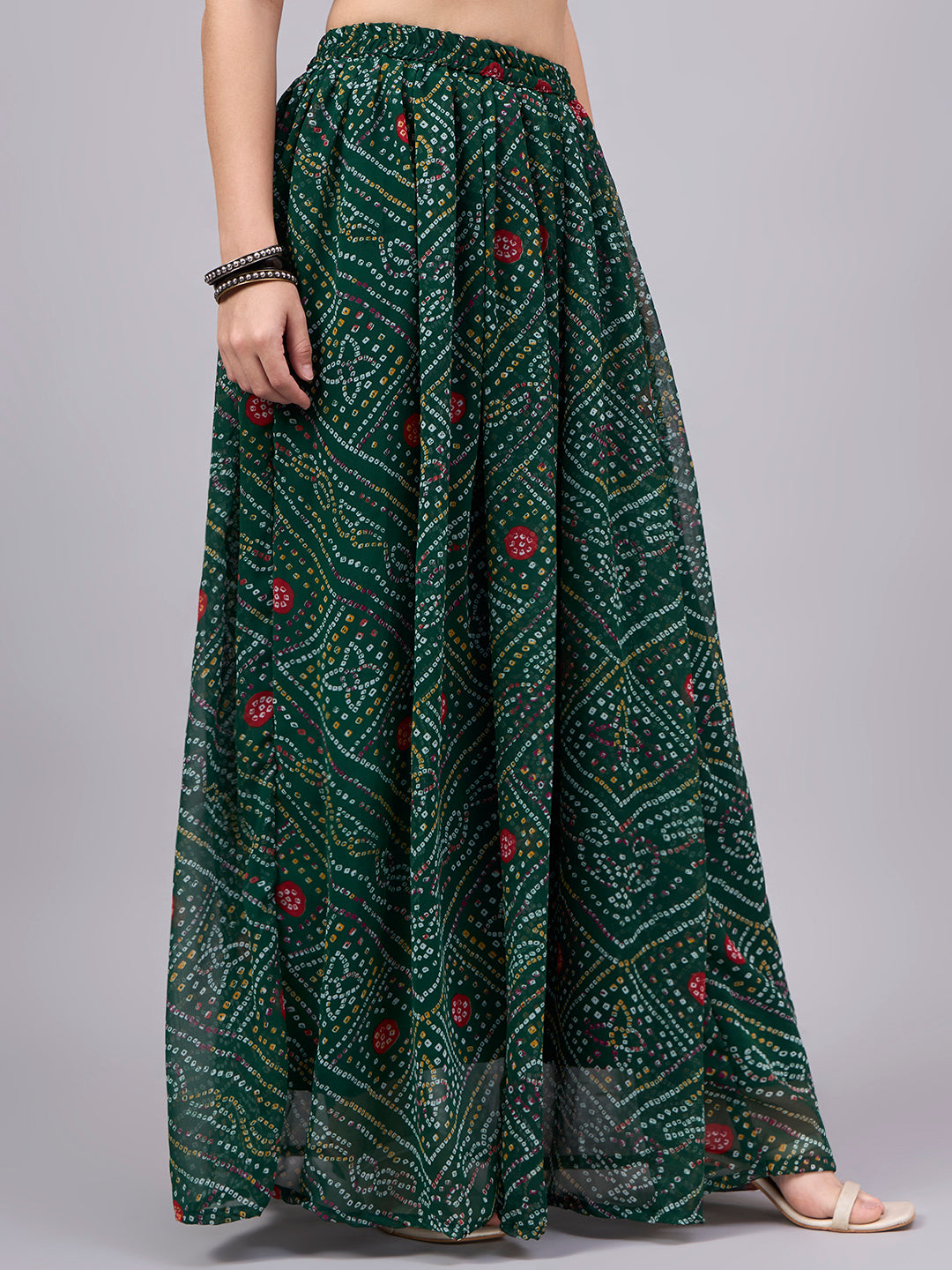 Green Bandhani Print Flowy Lehenga Skirt