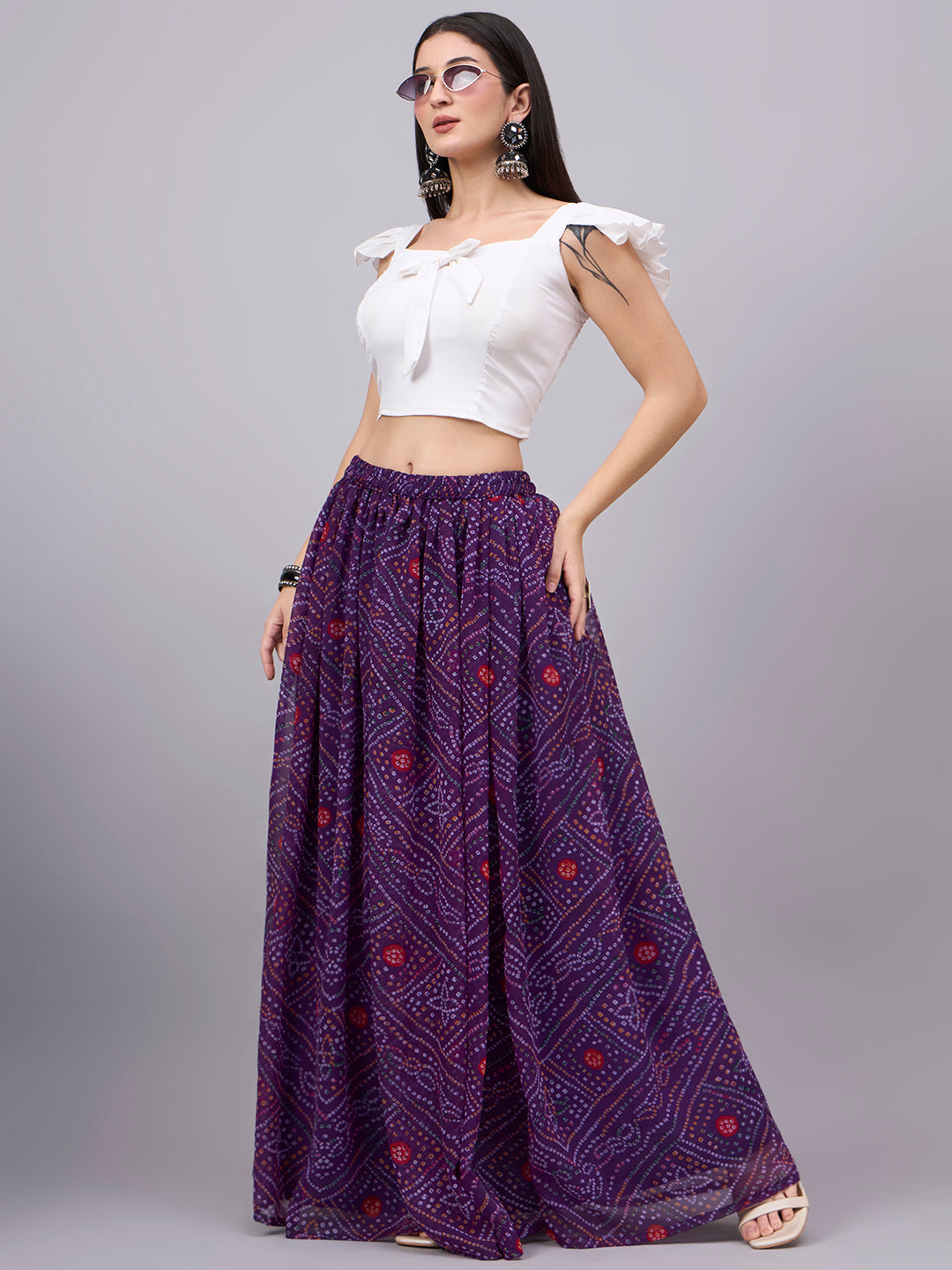 Wine Bandhani Print Flowy Lehenga Skirt