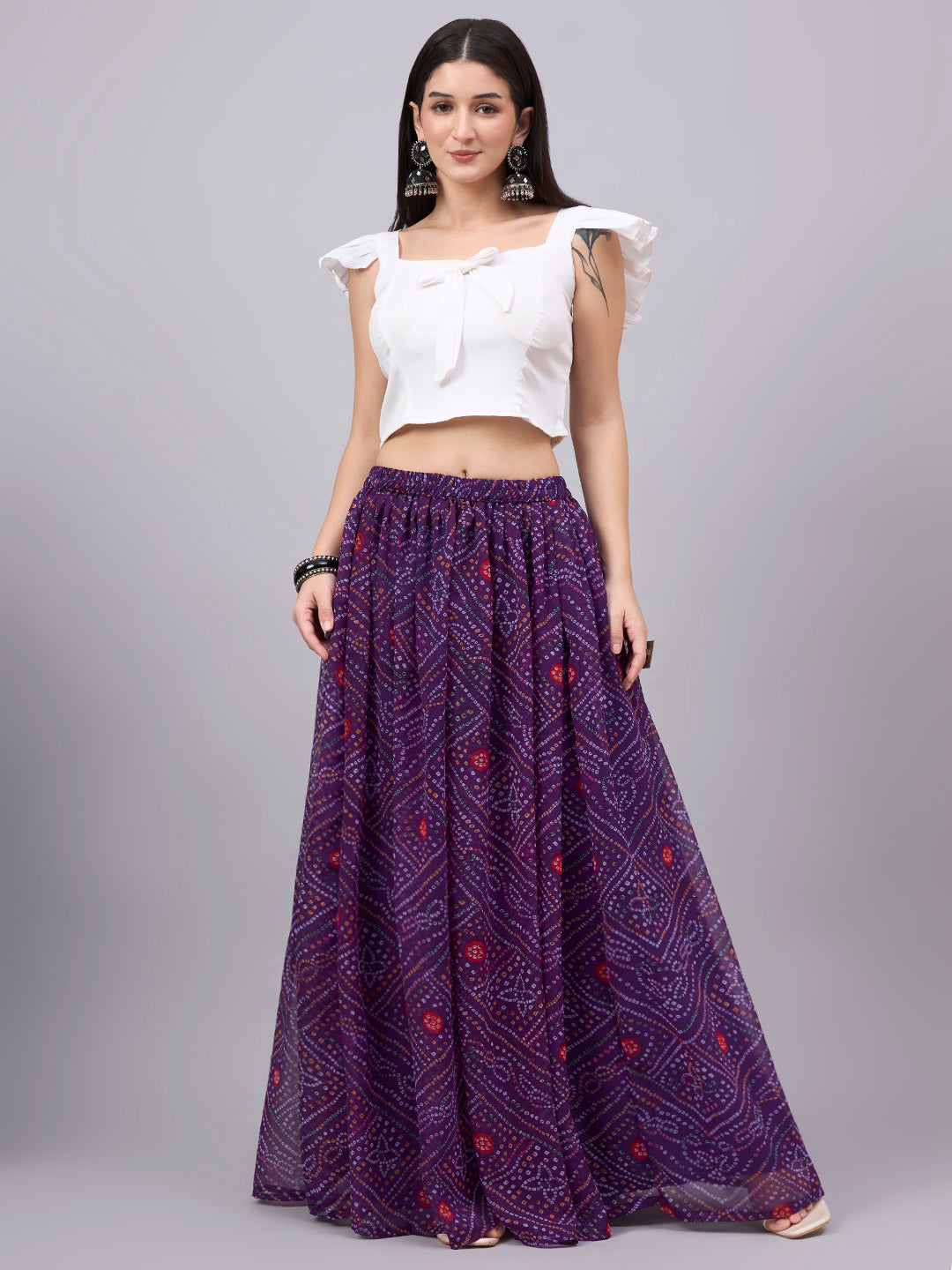 Wine Bandhani Print Flowy Lehenga Skirt