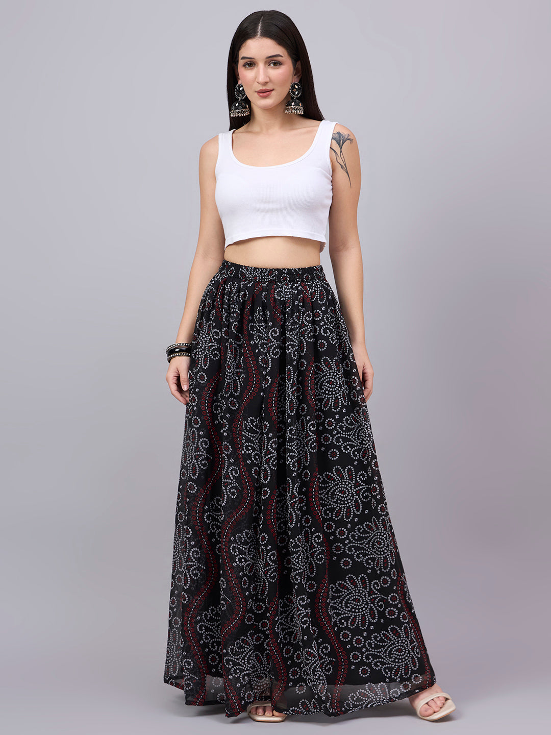 Black Bandhani Printed Flared Maxi Skirt