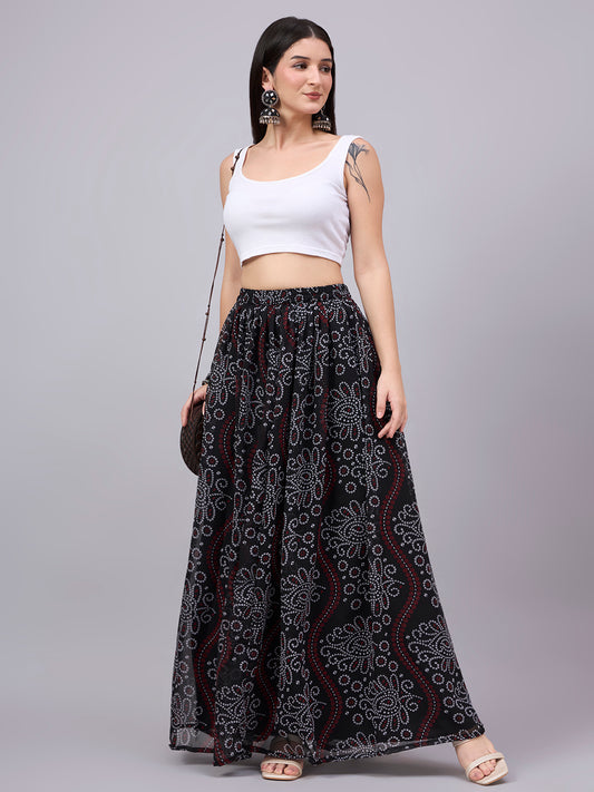 Black Bandhani Printed Flared Maxi Skirt