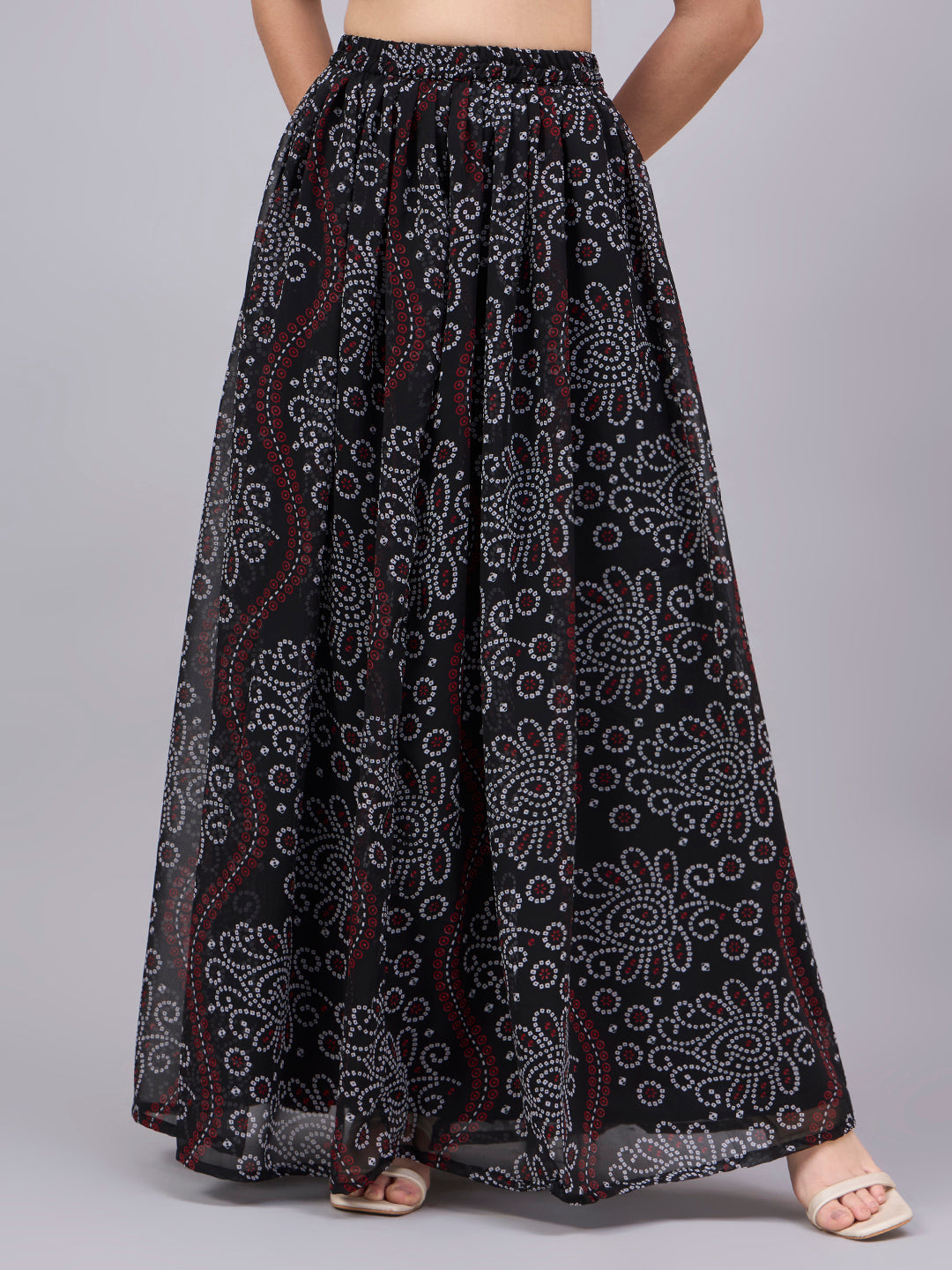 Black Bandhani Printed Flared Maxi Skirt