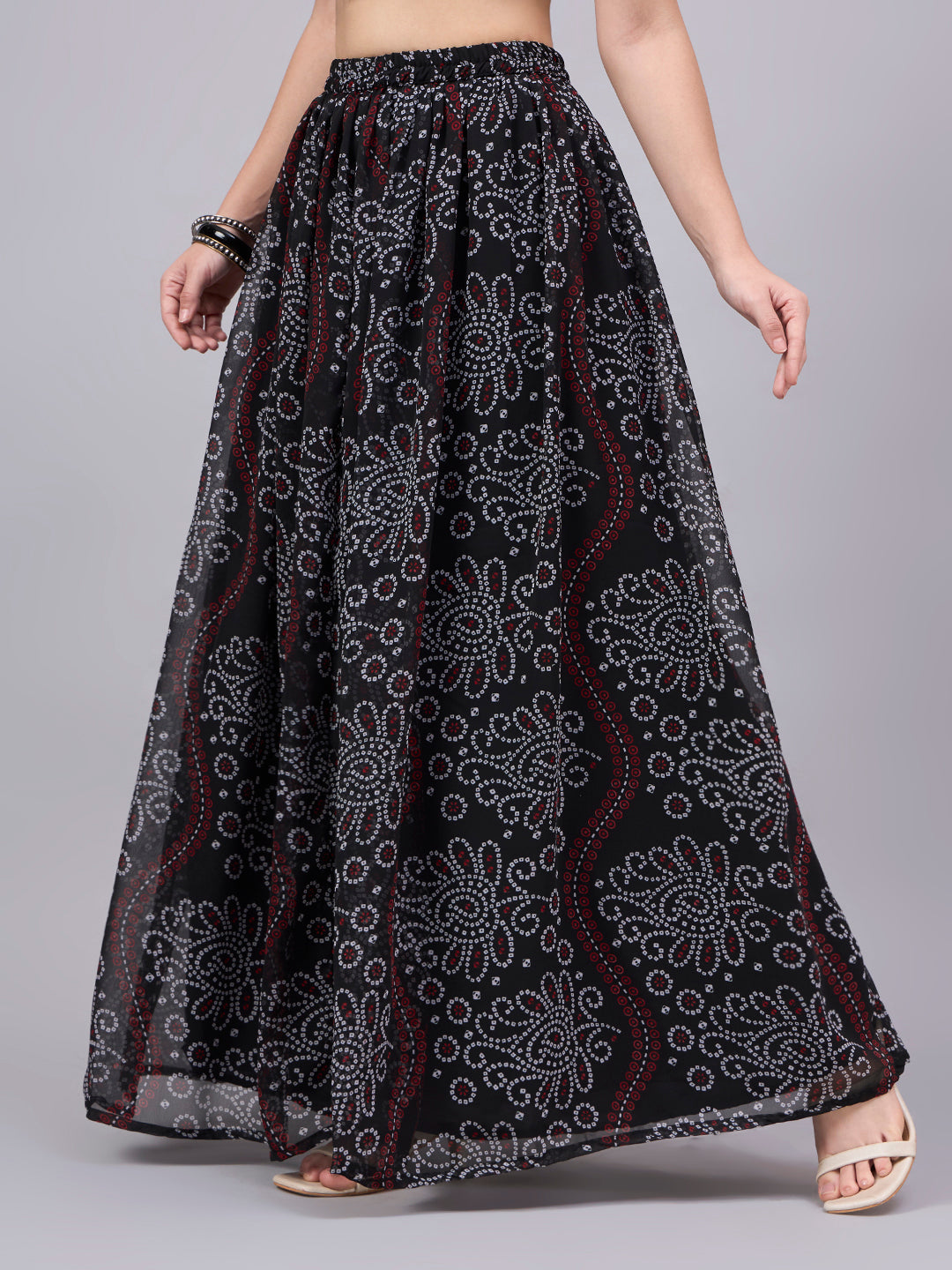 Black Bandhani Printed Flared Maxi Skirt