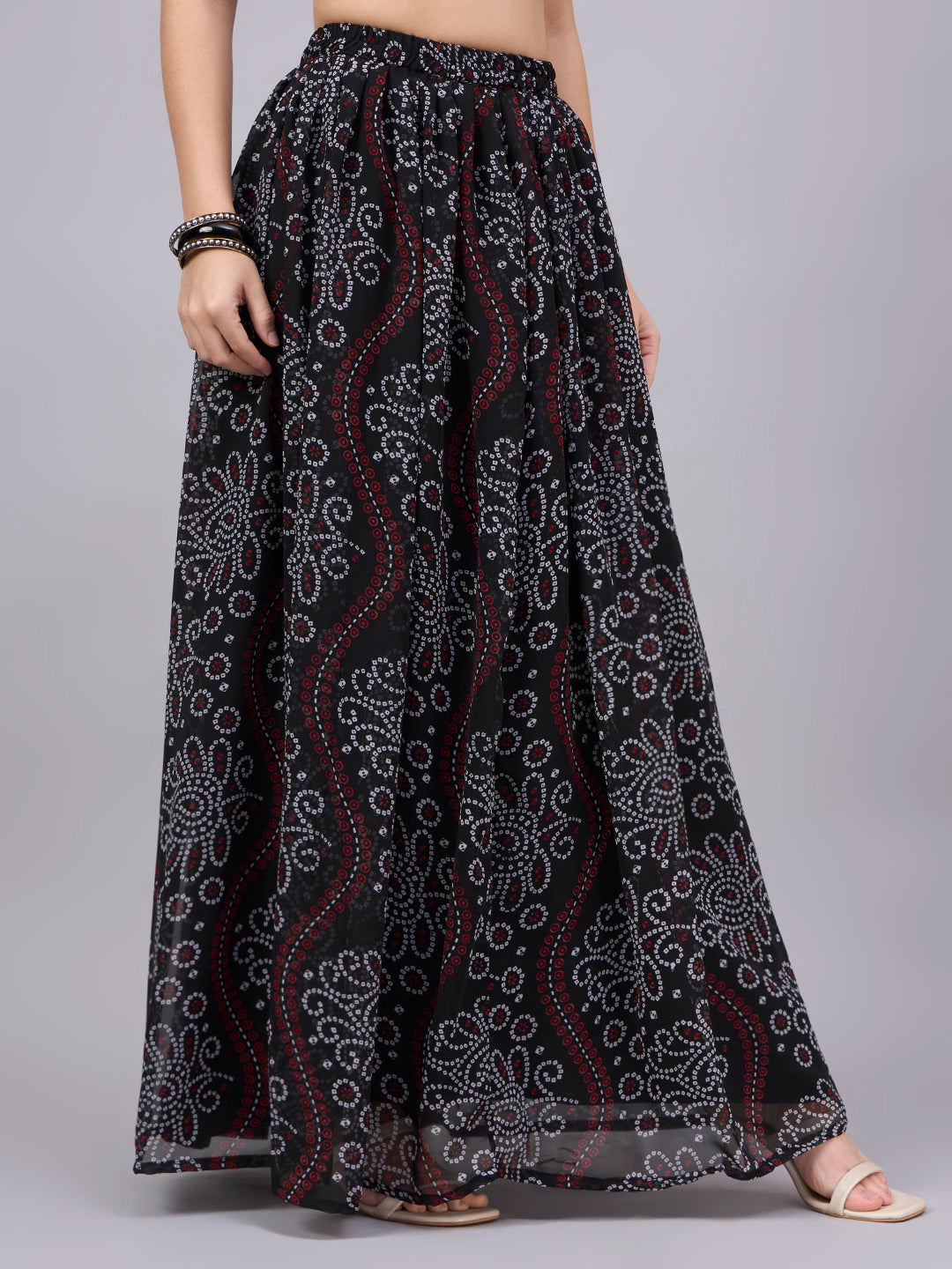 Black Bandhani Printed Flared Maxi Skirt