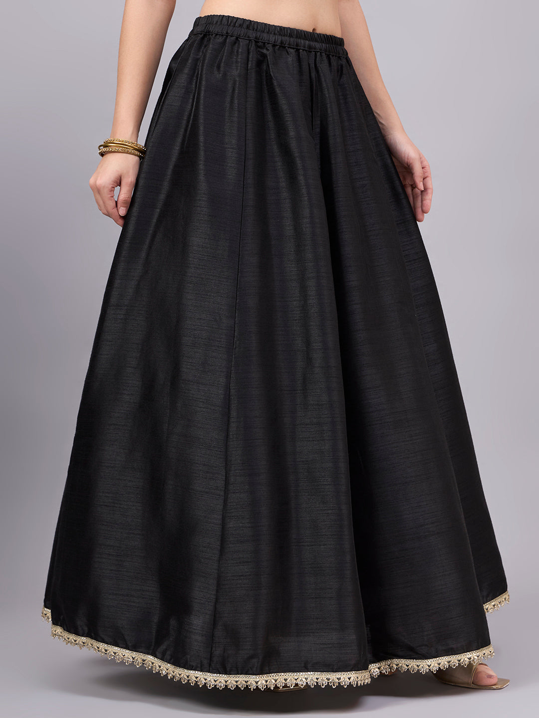 Black Embroidered Border Flowy Skirt