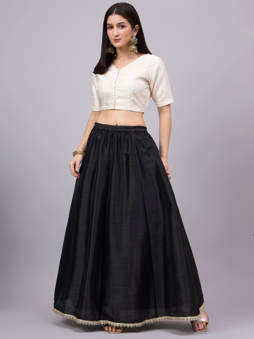 Black Embroidered Border Flowy Skirt