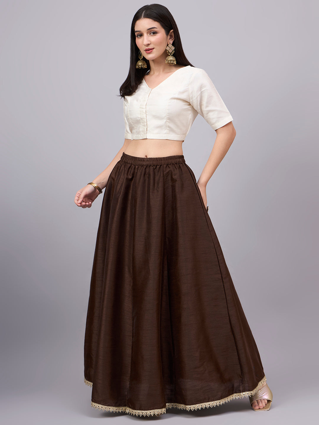Coffee Embroidered Border Flowy Skirt