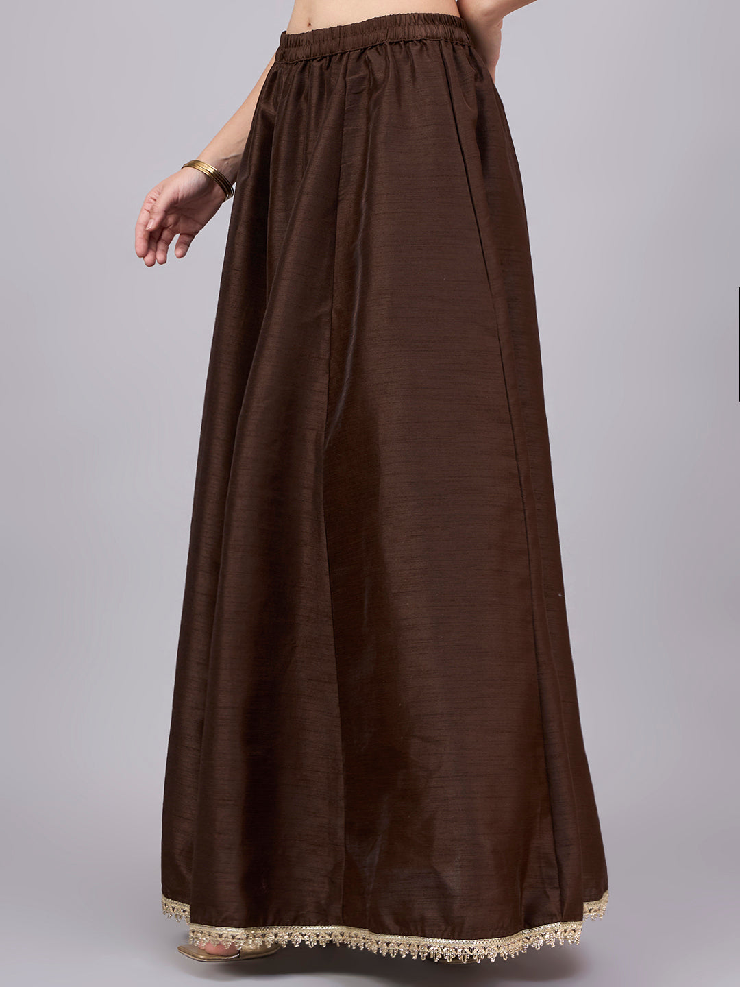 Coffee Embroidered Border Flowy Skirt