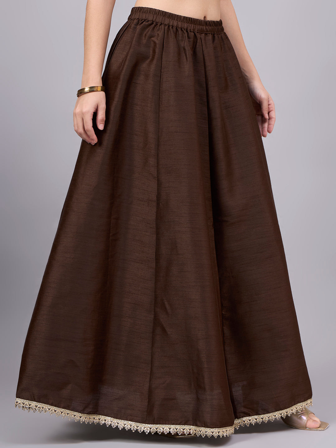 Coffee Embroidered Border Flowy Skirt