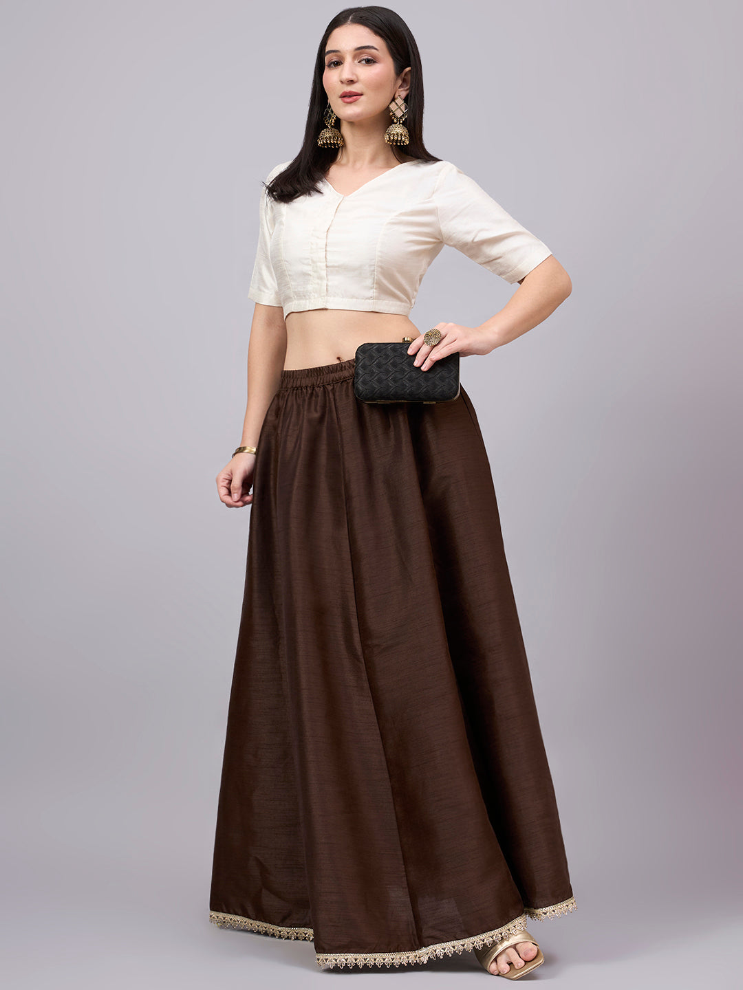 Coffee Embroidered Border Flowy Skirt