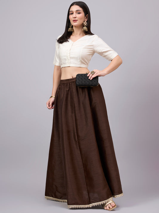 Coffee Embroidered Border Flowy Skirt