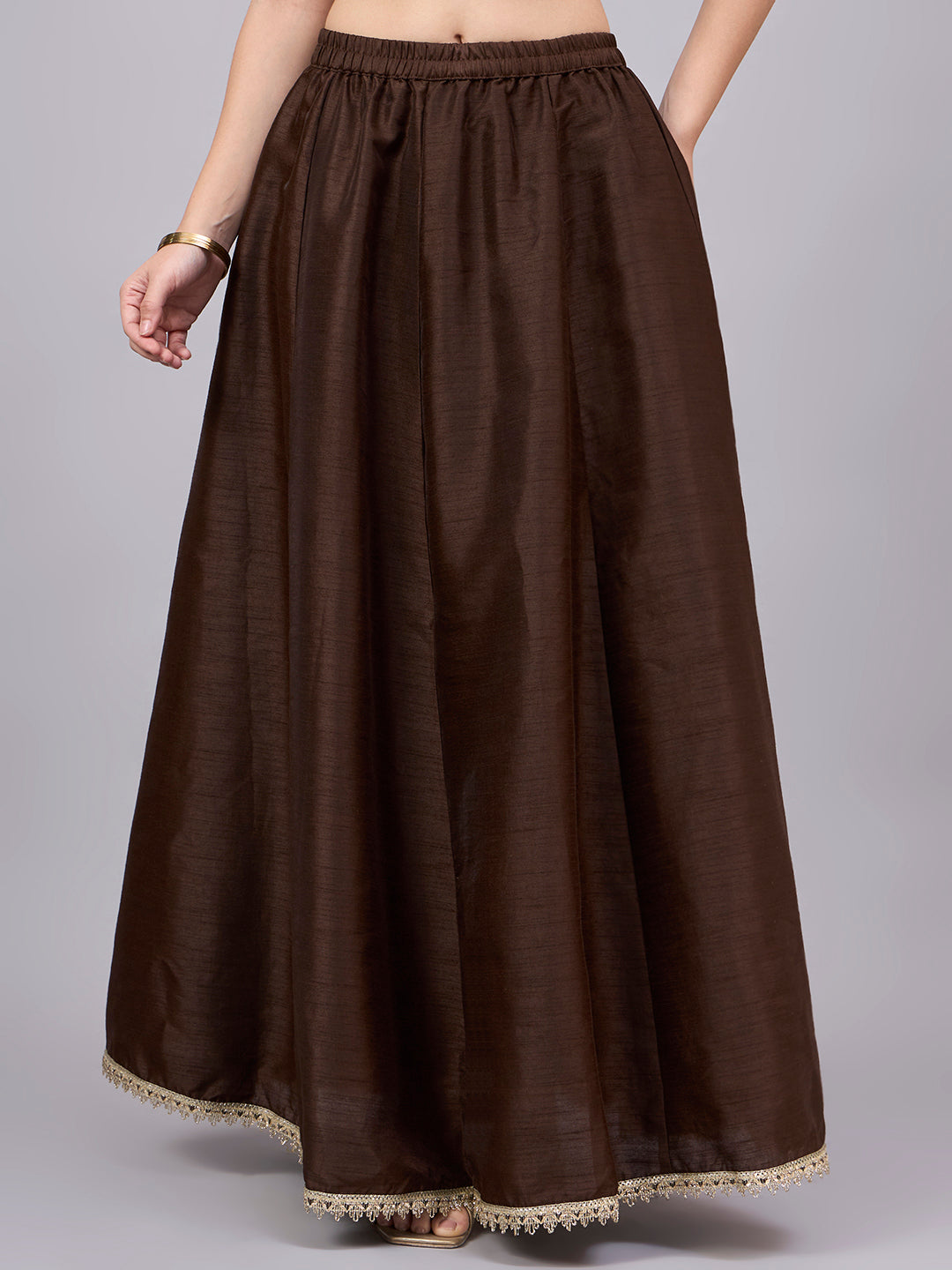 Coffee Embroidered Border Flowy Skirt