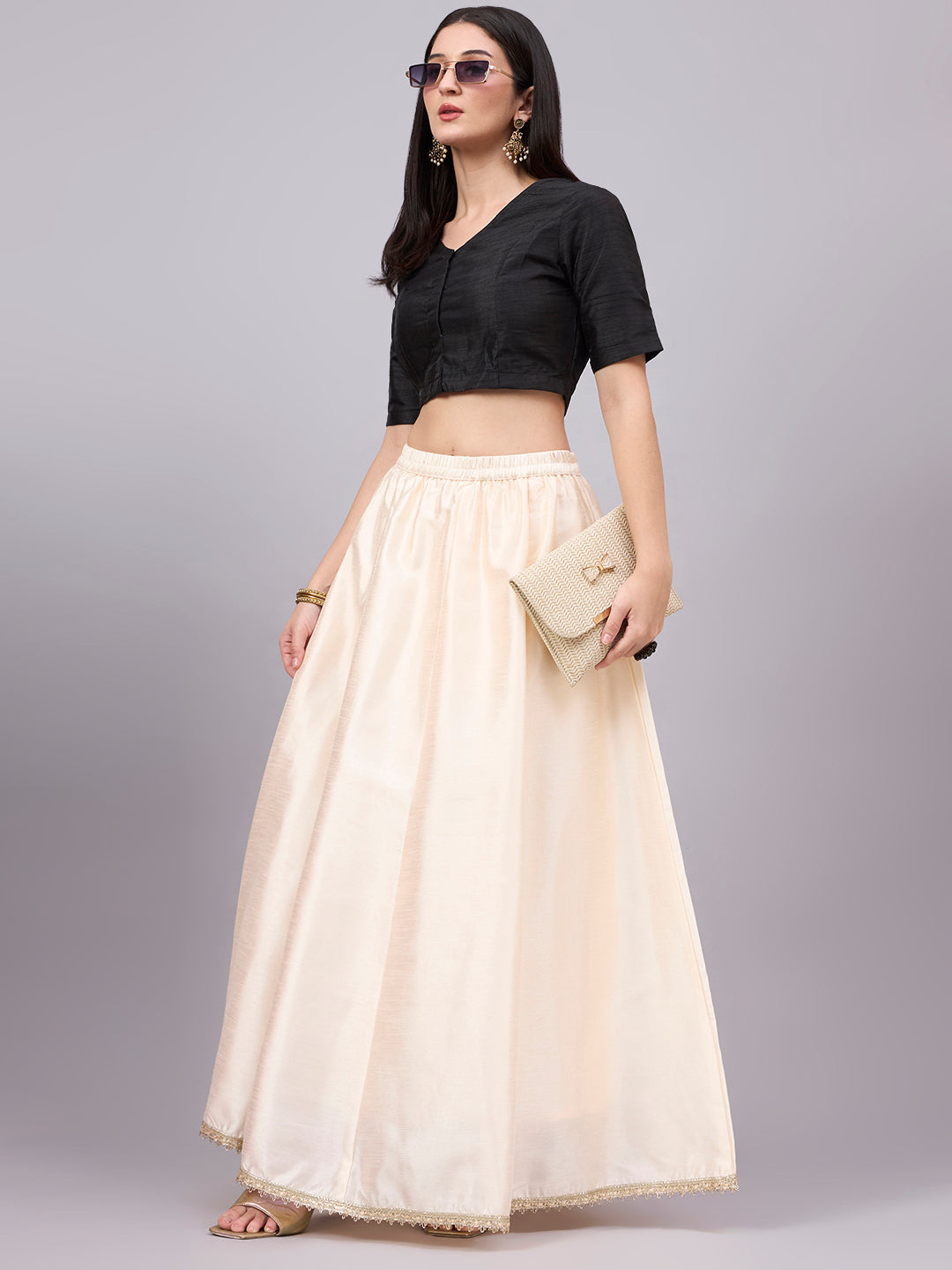 Cream Embroidered Border Flowy Skirt