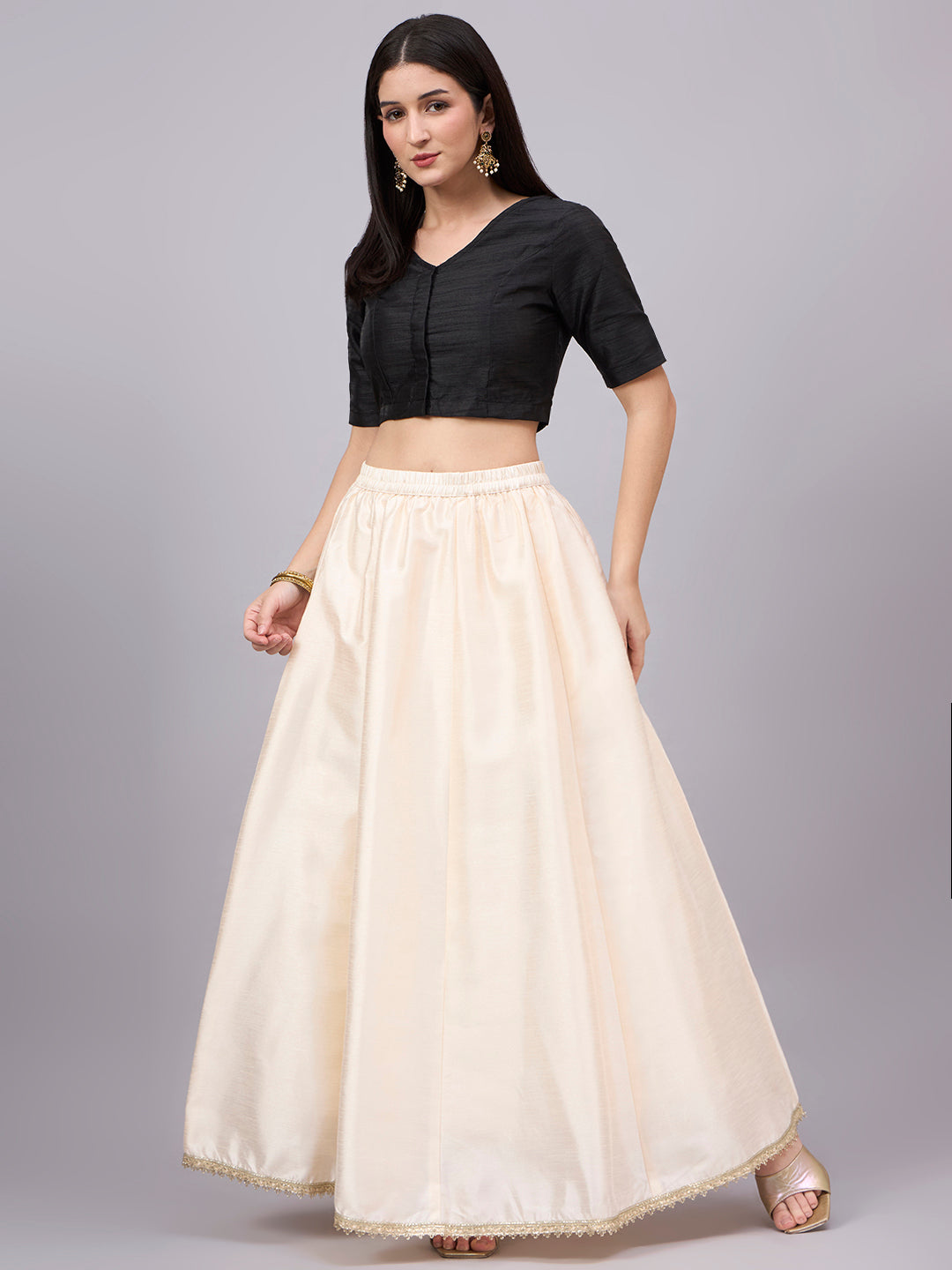 Cream Embroidered Border Flowy Skirt