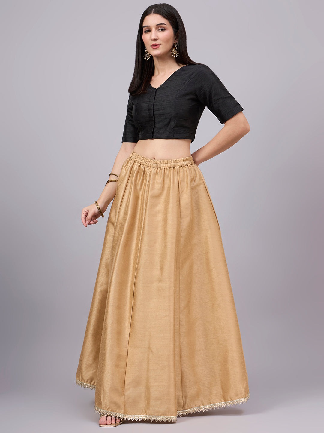 Khaki Embroidered Border Flowy Skirt