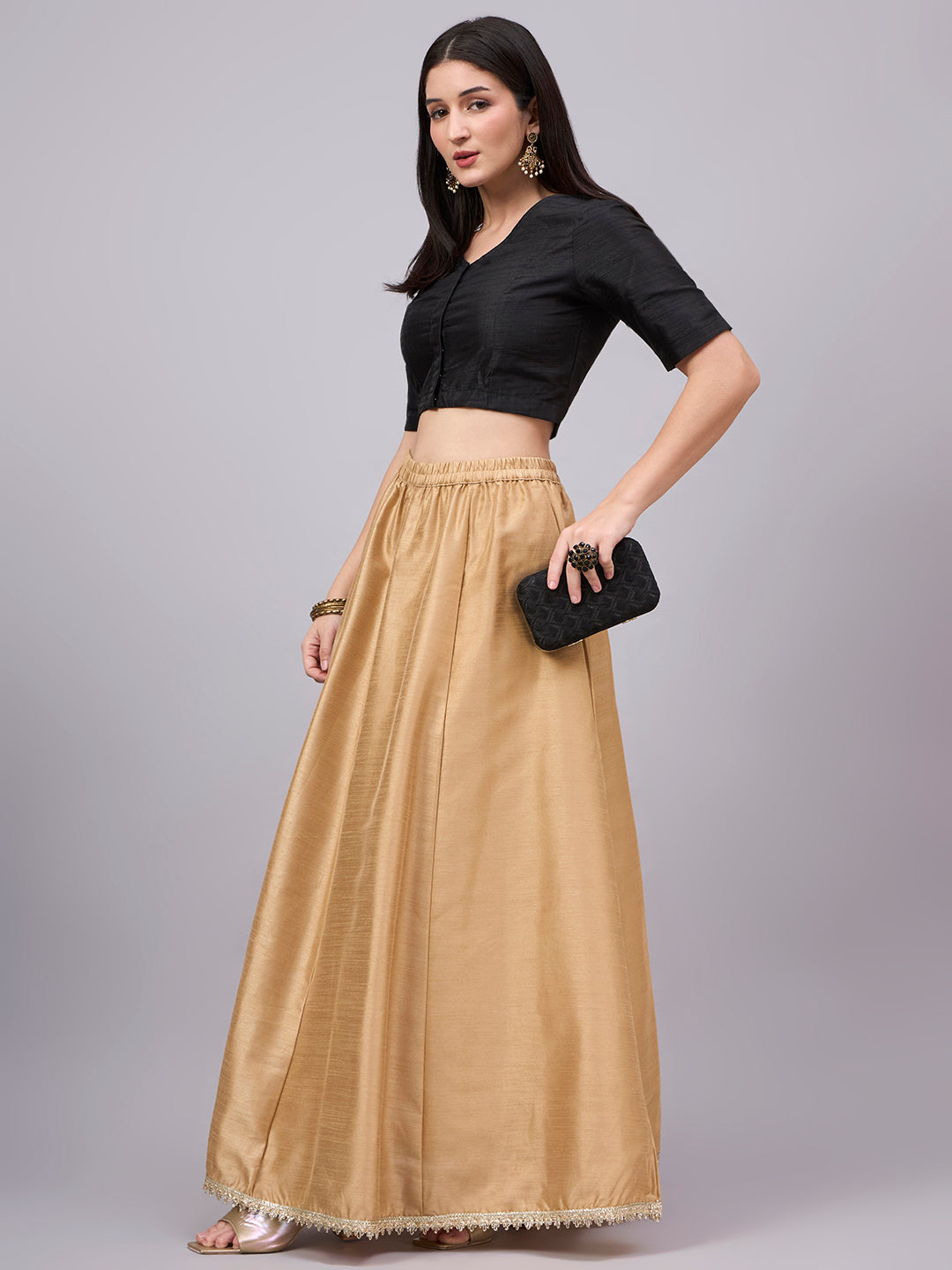 Khaki Embroidered Border Flowy Skirt