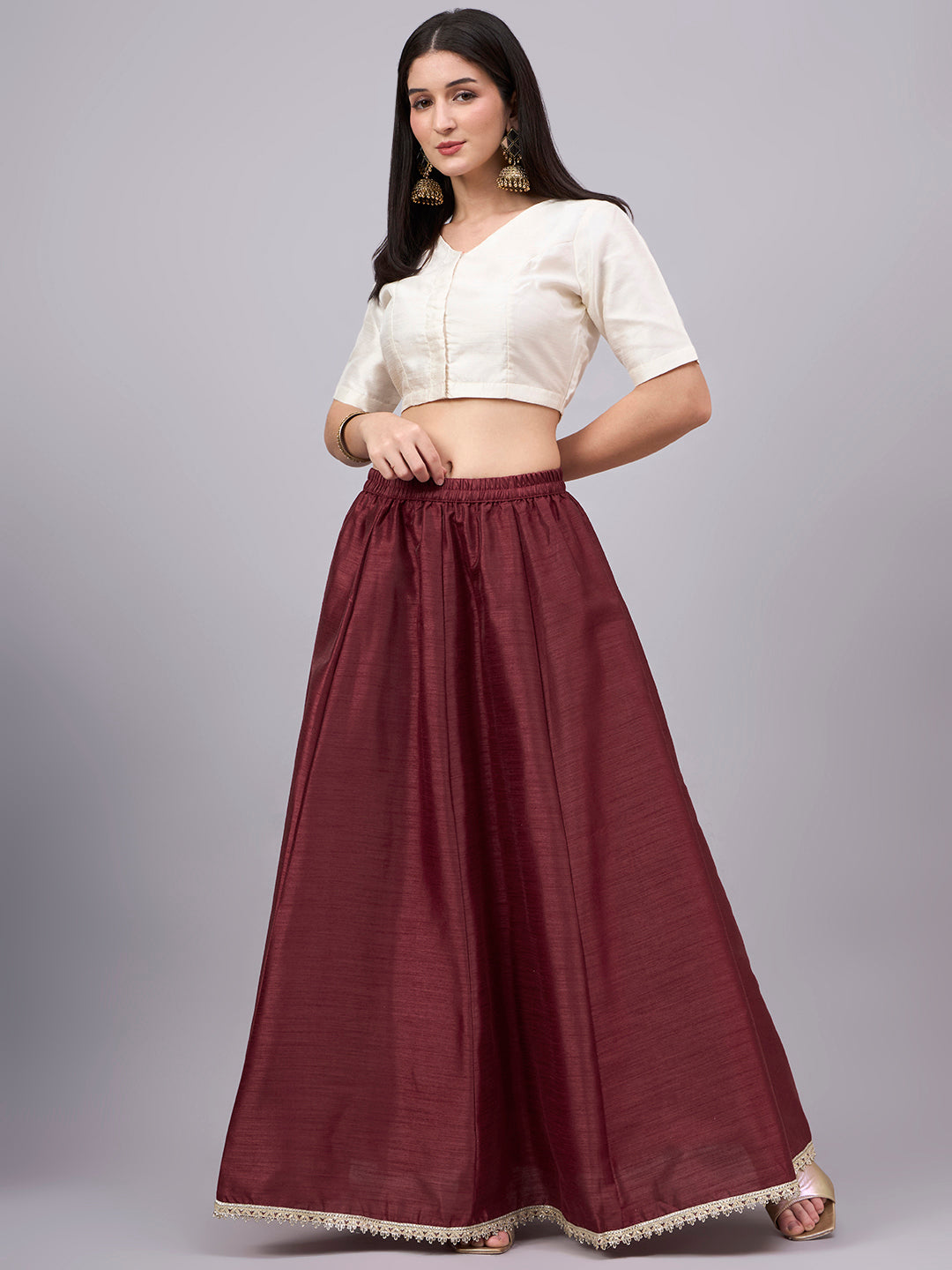 Maroon Embroidered Border Flowy Skirt