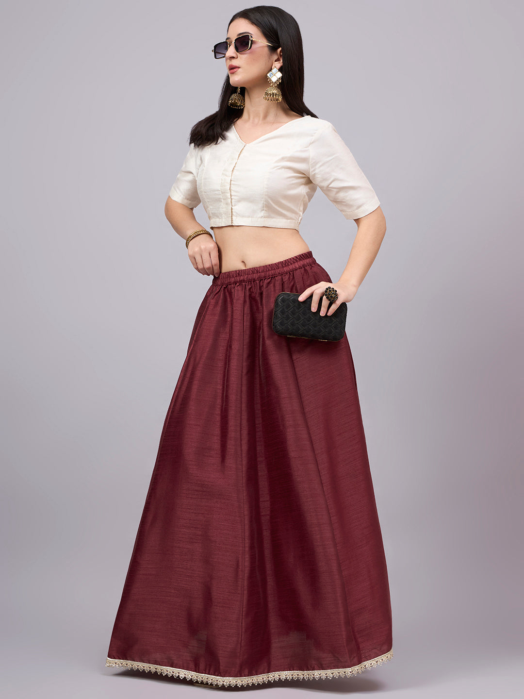 Maroon Embroidered Border Flowy Skirt