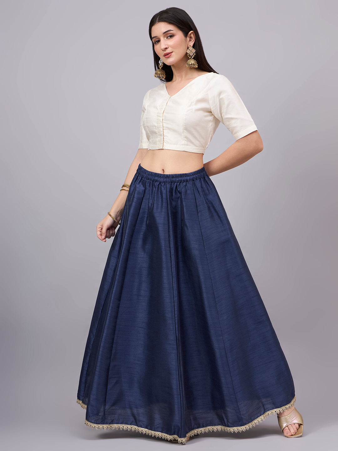 Navy Blue Embroidered Border Flowy Skirt