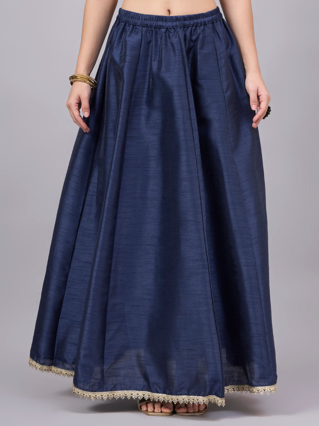 Navy Blue Embroidered Border Flowy Skirt