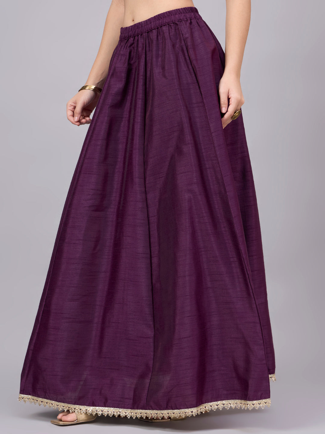 Wine Embroidered Border Flowy Skirt