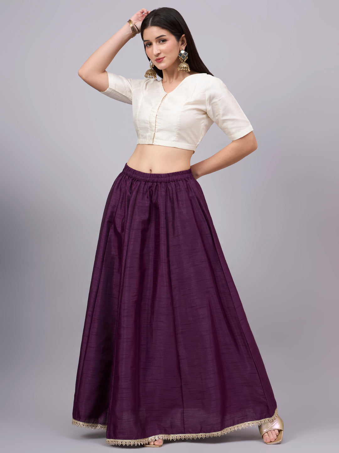 Wine Embroidered Border Flowy Skirt
