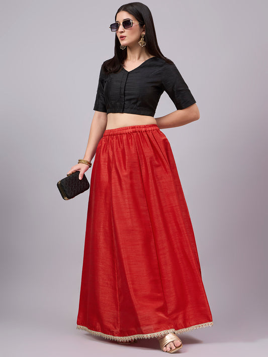 Red Embroidered Border Flowy Skirt