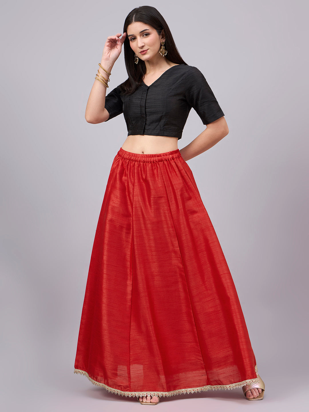 Red Embroidered Border Flowy Skirt