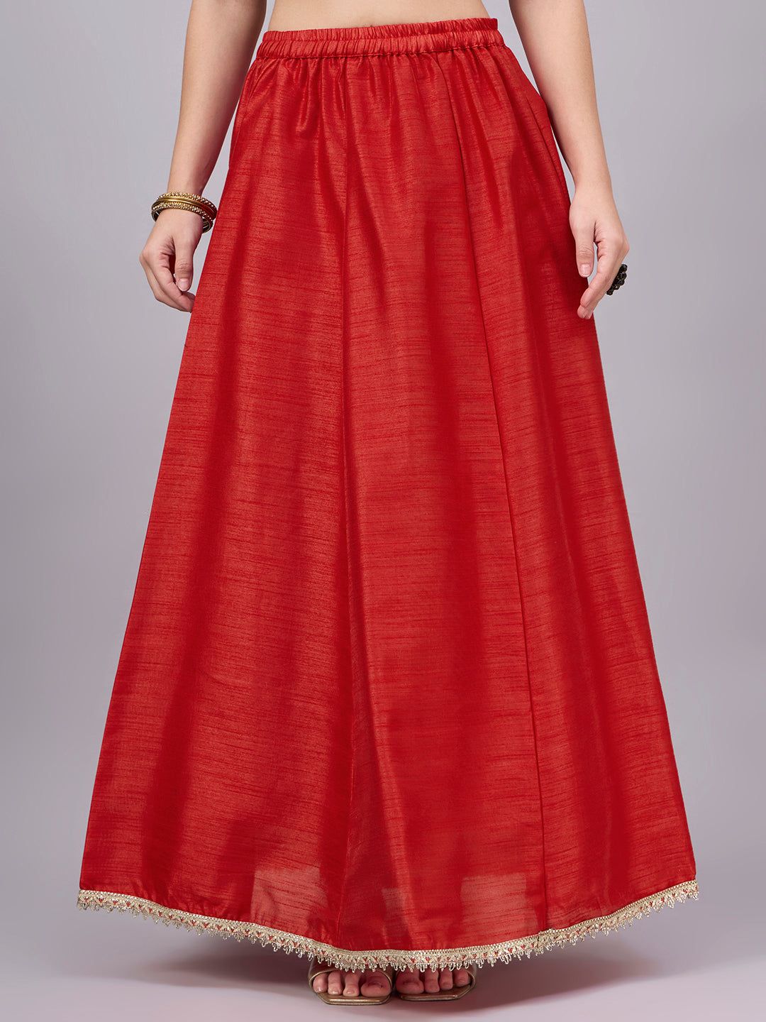 Red Embroidered Border Flowy Skirt