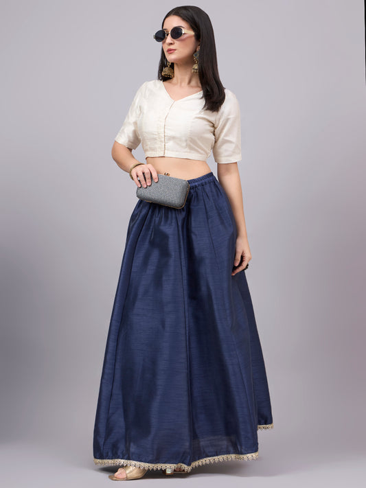 Blue Embroidered Border Flowy Skirt