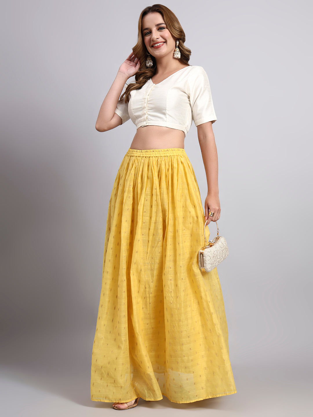 Yellow Foil Print Flared Skirt